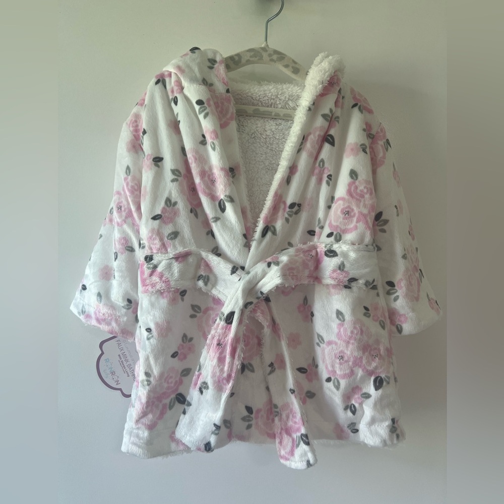 Floral Faux Mink & Sherpa Baby & Toddler Plush Hooded Bathrobe Pink & White NWT